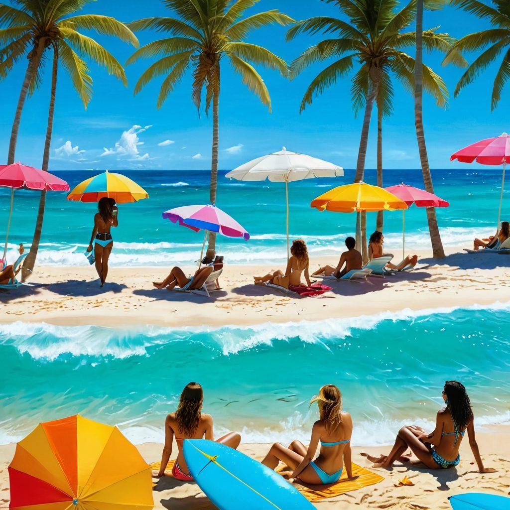 A vibrant beach scene featuring diverse models showcasing the latest bikini styles, splashing in crystal-clear turquoise waves. Include colorful beach umbrellas, surfboards, and palm trees in the background, with a bright sun shining down. Emphasize a lively, active atmosphere, capturing the essence of summer fun. super-realistic. vibrant colors. sunny beach setting.