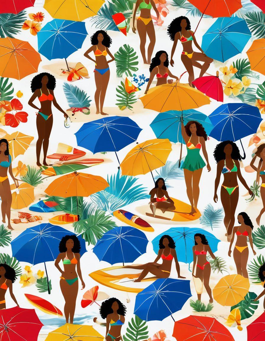 A vibrant beach scene showcasing diverse models wearing stylish and sporty bikinis, engaging in fun activities like surfing, beach volleyball, and sunbathing. The sun is shining brightly, with gentle waves lapping at the shore and colorful beach umbrellas scattered in the background. Include elements of tropical flora and a clear blue sky to emphasize a carefree summer vibe. vibrant colors. super-realistic.